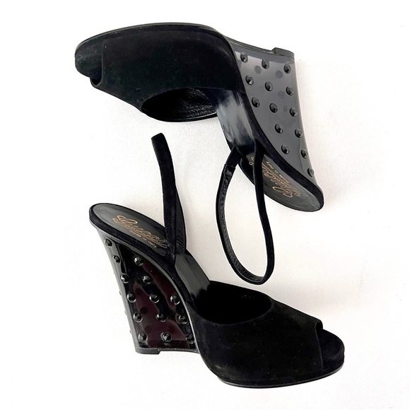 GUCCI | Black Suede Peep Toe Slingback Lucite Studded Wedge Heels Vintage 38.5 - Picture 10 of 13